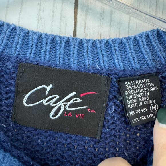 VTG Cafe Blue/White Southwest Aztec Striped Knit Crewneck Sweater Size Medium - Picture 6 of 12